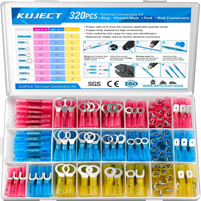 Kuject 320PCS Heat Shrink Wire Connectors Kit, Electrical Waterproof Crimp Butt Terminals, Insulated Spade Connectors for Automotive Marine Boat Truck, Include Rings Forks Spade Butt Splices - Image 1